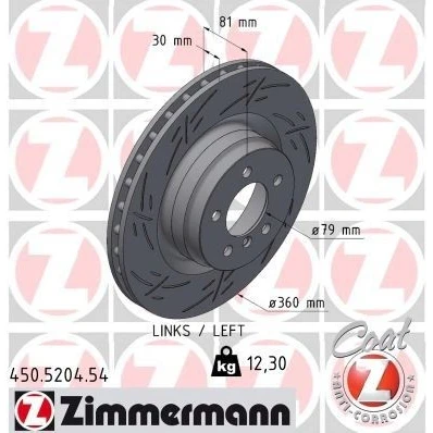 Imagen de ZIMMERMANN Disco de freno LAND ROVER: Range Rover 3 360mm 30mm 6/5 5Taladro(s) 120mm ventilación interna, ranurado revestido altamente carbonizado