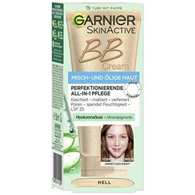 Imagen de Garnier SkinActive BB Cream Crema de día todo en 1 con ácido hialurónico y aloe vera para pieles mixtas grasas, SPF 25, medio, 50 ml