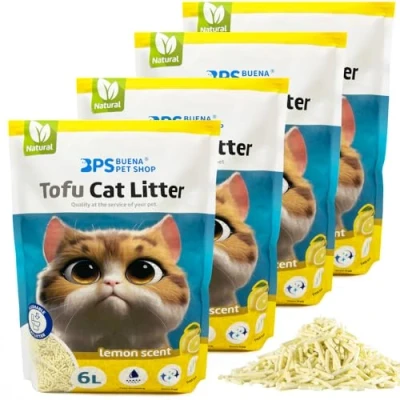 Imagen de BPS Arena Aglomerante para Gatos de Tofu sin Polvo Fácil Aglomerar Controla los Olores se Lanza en el Inodoro (4Pcs, Lemon) 15455 * 4