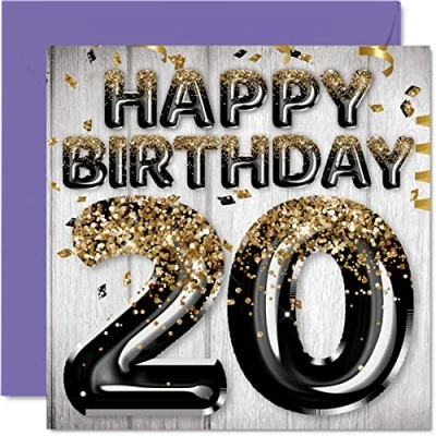 Imagen de Stuff4 Tarjeta de cumpleaños número 20 para hombres, globos negros y dorados con purpurina, tarjetas feliz hombre años, hijo, hermano, tío primo, 145 mm x mm,