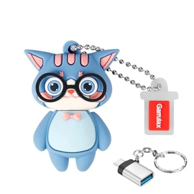 Imagen de GARRULAX Memoria USB 3.0 de silicona impermeable alta velocidad para almacenamiento datos, pendrive, con adaptador OTG tipo C (gato azul, 16 GB)