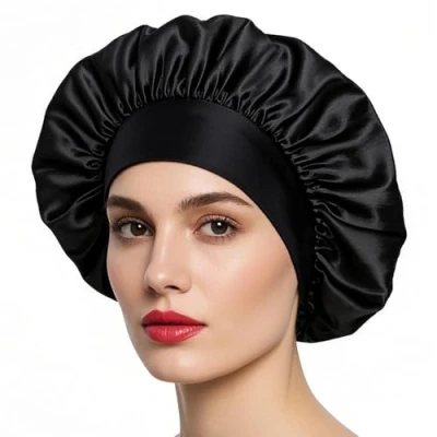 Imagen de iLamvie Gorro De Seda,Gorro Seda Para Dormir Pelo Rizado Con Banda Ancha Elástica Mujeres Y Niñas, Saten Rizado(Negro)