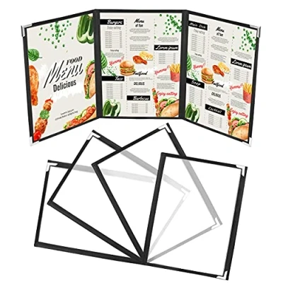 Imagen de Kurtzy Funda para Cartas de Restaurantes Tres Pliegues A4 (Pack 5) 3 Vista Doble Estilo Americano Fundas Negras Protectores Esquina Restaurantes, Bares, Cafés