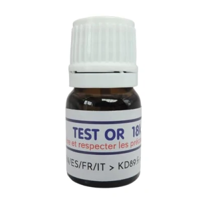 Imagen de KD89 Prueba reactiva/solución para probar oro, plata o platino con instrucciones en varios idiomas, experiencia joyas, monedas, lingotinos, 2,5 ml (18 k)