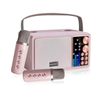 Imagen de Karaoke 2 microfonos inalambricos, Bluetooth Altavoz con microfono para Niños, Portátil Máquina de Professional Soporte Tarjeta TF, AUX, Disco U, Ideal Boda, Fiesta (Pink)