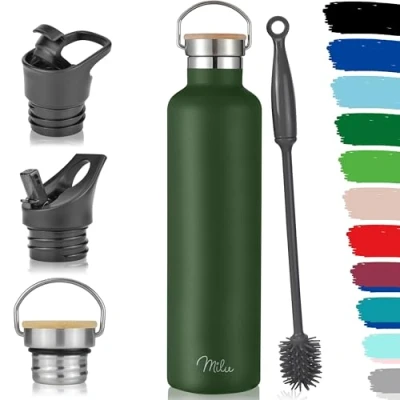 Imagen de Milu botella de acero inoxidable 350 ml, 500 750 1 l (+3 tapas) termo con paja, agua, para bebidas calientes, frías y carbonatadas (verde oliva, L)