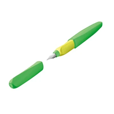 Imagen de Pelikan 807258 Pluma estilográfica Twist cartucho de tinta azul incluido, mango ergonómico, para usuarios diestros y zurdos, uso escolar, punta acero M, Verde neón