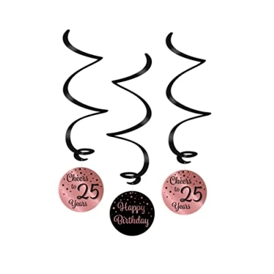 Imagen de PD Party Espirales de techo Happy Birthday para cumpleaños Decoración Feliz Rosa negro 25 mujer y hombre 3 piezas ⌀ 14 cm Longitud 70