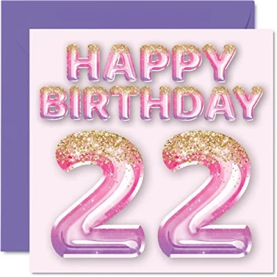 Imagen de Tarjeta de cumpleaños número 22 para mujer, globos purpurina rosa y morada, tarjetas feliz mujer años, hija, hermana, tía, prima, 145 mm x mm, veintidós