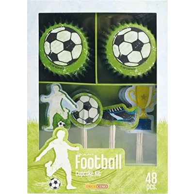 Imagen de DECOCINO Juego de 48 muffins fútbol, 24 moldes 5 cm diámetro y toppers papel para magdalenas, decoración ideal cumpleaños infantiles fiestas temáticas