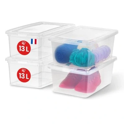 Imagen de Iris Ohyama, Caja de Almacenamiento Plástico Multiusos, 13L, Juego 4, Transparente, Cierre Fácil, Apilable, para Dormitorio, Cocina, Oficina, Baño, Ropa, Juguetes, Sin BPA, CNL 13E