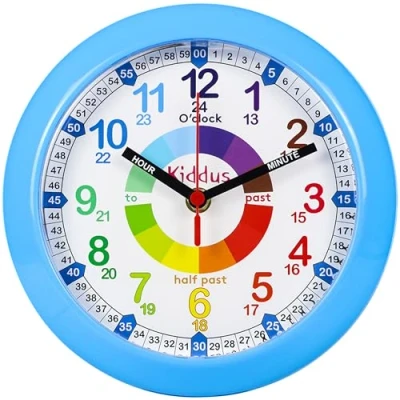 Imagen de Kiddus Reloj Pedagógico para niños. De Pared, Grande 30 cm. Analógico. Mecanismo Silencioso. Aprende la Hora con Nuestro Fácil Sistema Time Teacher. Ejercicios Incluídos.
