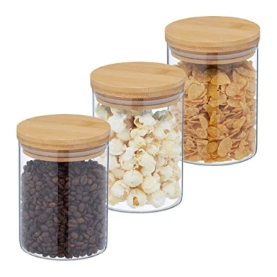 Imagen de Relaxdays 650 ml Botes Cristal, Set 3, Recipientes Cocina Grandes, Tapa Bambú, Tarros Herméticos, Transparente/Natural, Silicona