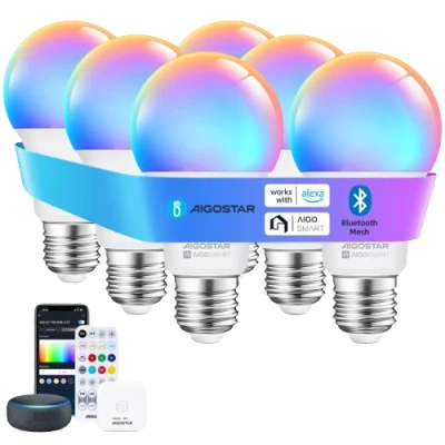 Imagen de Aigostar Mesh Bombilla inteligente Bluetooth Mesh, A60. 2700K 6500K y RGB regulable, E27, 9W. LED compatible con Alexa Google Home. Incluye mando a distancia Gateway. 6Uds