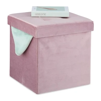 Imagen de Relaxdays Rosa Taburete Plegable de Terciopelo, Reposapiés con Almacenaje, Acolchado, 38 x cm, Puff para Salón, Tablero Fibras
