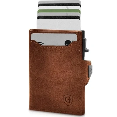 Imagen de GenTo SMARTLET Push cartera con compartimento para monedas, funda de metal, delgada Protección RFID NFC Monedero pequeño Estuche delgado tarjetas, Marrón oscuro mate, Münzfach S +