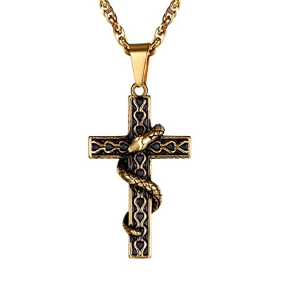 Imagen de PROSTEEL Colgante de Nehustán Cruz con Serpiente, Hombre Cadena Forzada Doble 60cm Ajustable, Dorado