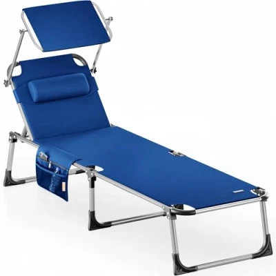 Imagen de CASARIA® Tumbona Playa Plegable Parasol hasta 180kg 210cm Respaldo Regulable Resistente Intemperie Jardín Azul