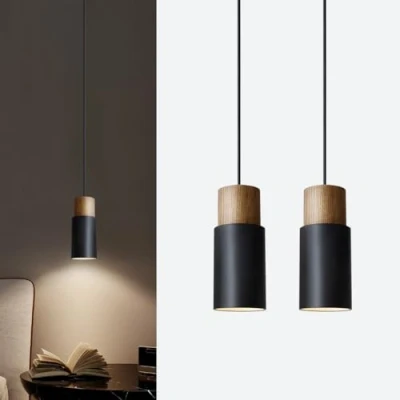 Imagen de ouglres Lámpara Colgante de Madera,2pcs Cocina,Vintage Cilindro Comedor Colgante,Aluminio Industrial Lampara Techo Salon Negro E27 para Sala Estar Dormitorio