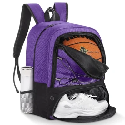 Imagen de MoKo Mochila de Baloncesto, fútbol para Hombres y Mujeres con Compartimentos Separados Pelotas Zapatos, Resistente al Agua, Gancho Cerca, Bolsa Deporte Ropa, Morado