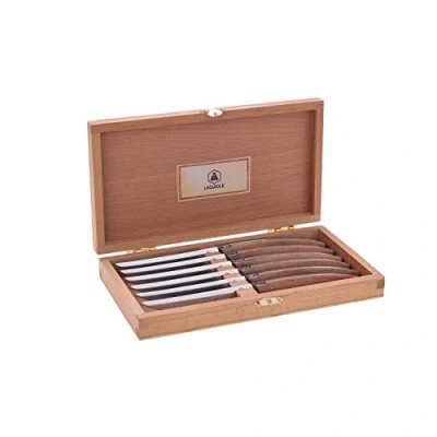 Imagen de Laguiole 40268472 Caja de 6 Cuchillos para Bistec (23 cm) con Hoja Acero Inoxidable y Mango Madera Pakka Marrón