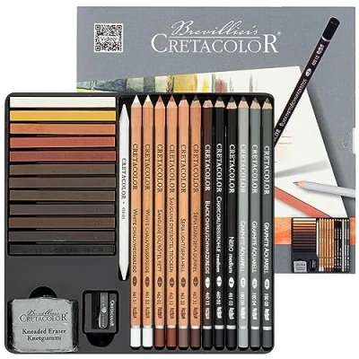 Imagen de CRETACOLOR estuche de esbozo 27 piezas, incl. goma borrar y sacapuntas, equipo básico ideal, colores suaves ricos, en un robusto metal, para principiantes profesionales