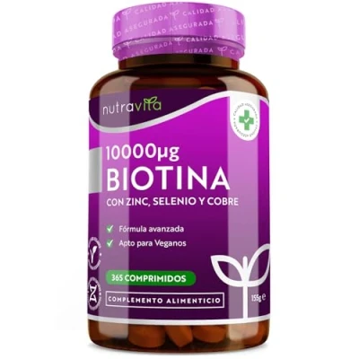 Imagen de Biotina 10.000 mcg con Zinc, Selenio y Cobre 365 comprimidos Quelato de Zinc Albion® para una Mejor Absorción Suplemento Vegano cabello, piel uñas Alta Dosis Nutravita