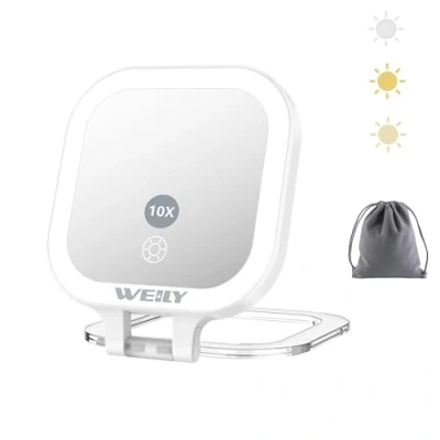 Imagen de WEILY Espejo Maquillaje con Luz, 1X/10x Doble Cara Aumento, de Viaje 3 Luces Color y Control Táctil, Mano Portátil Recargable por USB (Blanco)
