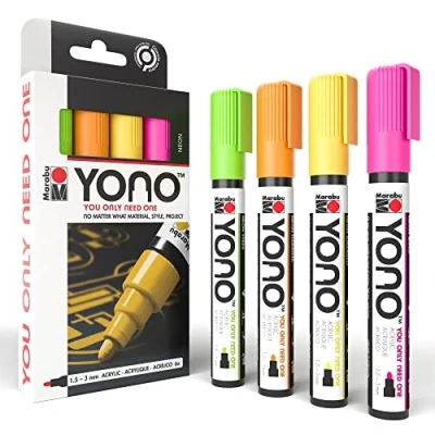 Imagen de Marabu Yono 124000004000 Juego de rotuladores neón con 4 colores, acrílicos versátiles punta bala japonesa 1,5 3 mm