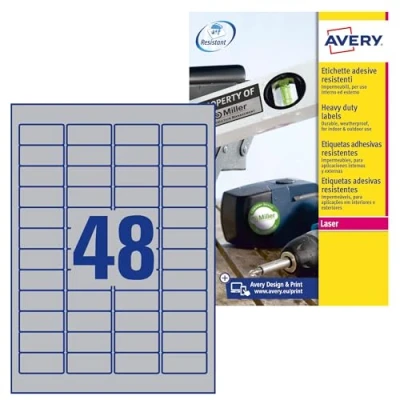 Imagen de Paquete 8 hojas etiquetas plateadas de poliéster impresoras láser 45,7x21,2 mm avery l6009