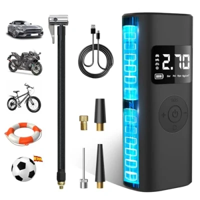 Imagen de Hexinex 7800mAh Compresor Aire Portatil 150PSI &amp;Power Bank, Inflador Ruedas Coche con Pantalla LCD Digital y Linterna LED SOS, Bomba de Bicicletas, Scooters, Moto, Coche, Pelotas