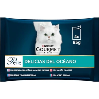 Imagen de Gourmet Purina Perle Delicias en Salsa, Comida Húmeda para Gato con Salmón y Atún, 12 paquetes de 4 sobres 85g 48