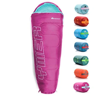 Imagen de Saco Dormir Tipo Momia con Capucha para Niños en Viaje Camping Funda vivac Festival Hotel Portátil de Compresion YMER ((130 + 25) x 60/40 cm, Violeta/Menta)