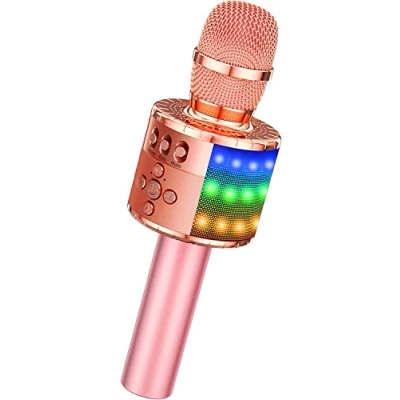 Imagen de BONAOK Micrófono Inalámbrico de Karaoke Bluetooth Luces LED Controlables, Máquina Portátil Karaoke, Altavoz, Regalo Cumpleaños, Juguete Viaje para Android/iOS/PC (Oro Rosa Plus)