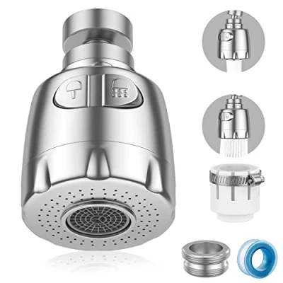 Imagen de Vinabo Aireador para grifo, 360 , giratorio, fregadero, de ahorro hídrico, con filtro regulador cabezal y boquilla cocina baño, 2 modos, Plata