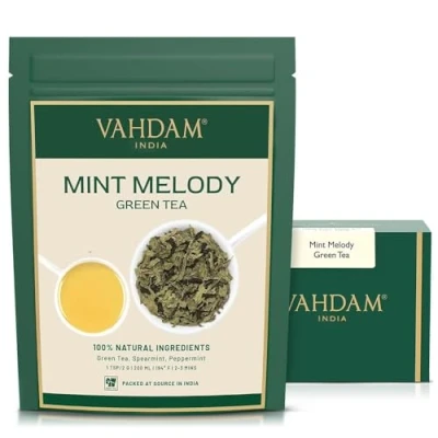 Imagen de VAHDAM, hojas sueltas de té verde menta (50+ tazas) con puro TAZA REFRESCANTE Preparar como caliente o helado 100gr