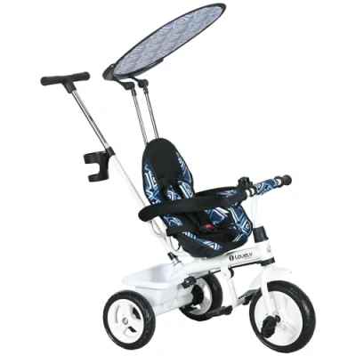 Imagen de HOMCOM Triciclo para Bebés 6 en 1 Evolutivo Niños de +12 Meses con Toldo Plegable Mango Empuje Telescópico y Desmontable Asiento Ajustable Cesto Portabotellas Azul Blanco