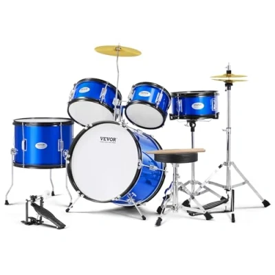 Imagen de VEVOR Juego de Batería para Niños Cinco Piezas, Completo Principiantes con Bajo, TOMS, Caja, Bombo, Trono Ajustable, Pedal Charles y Dos Pares Baquetas, Azul