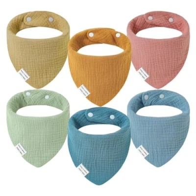 Imagen de Yolistar 6 Piezas Baberos Bebe Bandanas, con 2 Ajustables Botón a Presión, Muselina para Bebé, Suave &amp; Absorbente, Recien Nacido Algodón Drool Niños Niñas