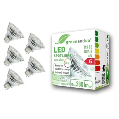 Imagen de greenandco 5x Spot LED IRC 90+ 3000K 36GU5.3 MR16 6W (corresponde a 40W) 380lm SMD 12V AC/DC, no regulable