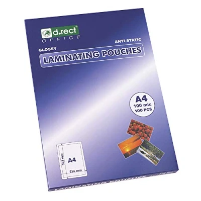 Imagen de D.RECT 008645 Láminas Para Plastificar, Brillante, Transparente, Tamaño A4, 100 Micras, Paquete de Unidades, Laminación, Material Oficina