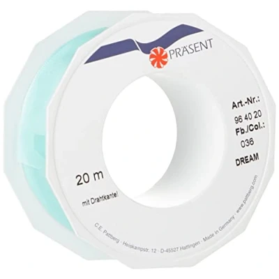 Imagen de PRÄSENT cinta embalar DREAM con borde de alambre verde menta, 20 m colores para regalos, 40 mm ancho, envolver decoraciones, manualidades y aplicaciones