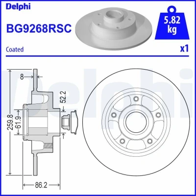 Imagen de DELPHI BG9268RSC Disco de freno 260 8 5 macizo revestido sin procesar con cojinete rueda, anillo sensor ABS, apoyo RENAULT: Megane 4