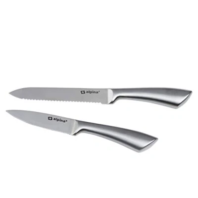 Imagen de Alpina Juego de 2 cuchillos cocina profesionales, cuchillo chef multifuncional, equipado para cocina, multiusos acero inoxidable, pan 20 y 24 cm, color plateado