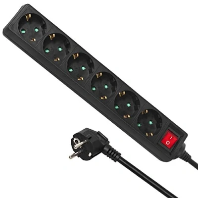 Imagen de Regleta alargador 6 enchufes con interruptor longitud 5m tipo alemán Maclean Energy MCE195G 3500W, 45 grados, montaje pared, protección infantil.