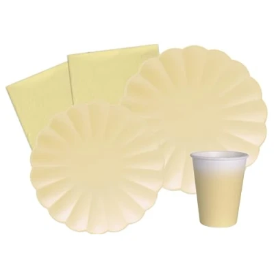 Imagen de Ciao Kit Mesa Fiesta Party Flower Shape para 24 personas (112 piezas: platos Ø23cm, Ø18cm, vasos 200ml, 40 servilletas 33x33cm) en papel compostable eco friendly, amarillo pastel