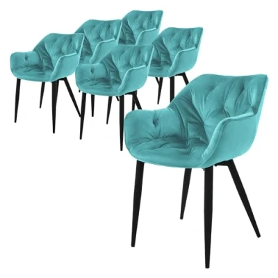 Imagen de ML Design Set 6x Sillas de Comedor con Respaldo y Reposabrazos Asiento Turquesa(Petrol) Tapizado Funda Terciopelo Patas Metal Sillón Diseño Ergonómico Moderno para Salón, Escritorio o Cocina