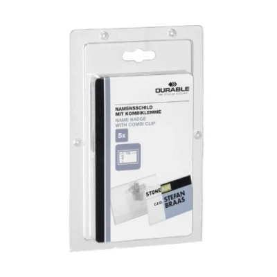 Imagen de Durable 869419 Portanombres (40 x 75 mm, con clip de combinación) 5 piezas, transparente