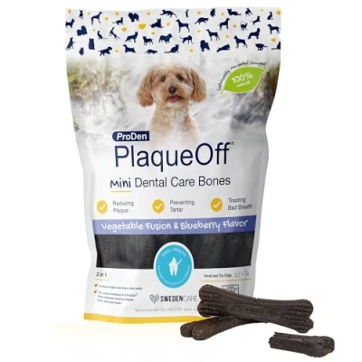 Imagen de ProDen PlaqueOff Mini Dental Bones Vegetable Fusion and Blueberry huesos de verduras y arándano, 20 unidades, 340 g, para perros pequeños en miniatura