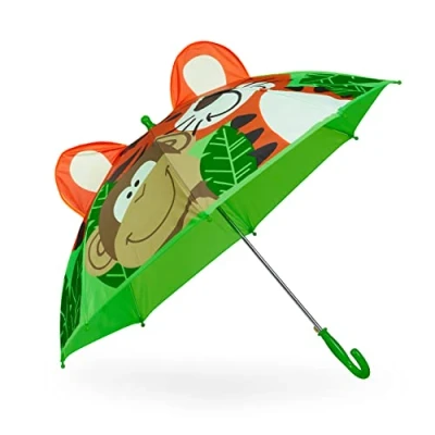 Imagen de Relaxdays Paraguas Infantil 3D con Estampado de Tigre y Mono, Automático, Niños, 78cm Ø, Varillas Punta Redondeada, Azul